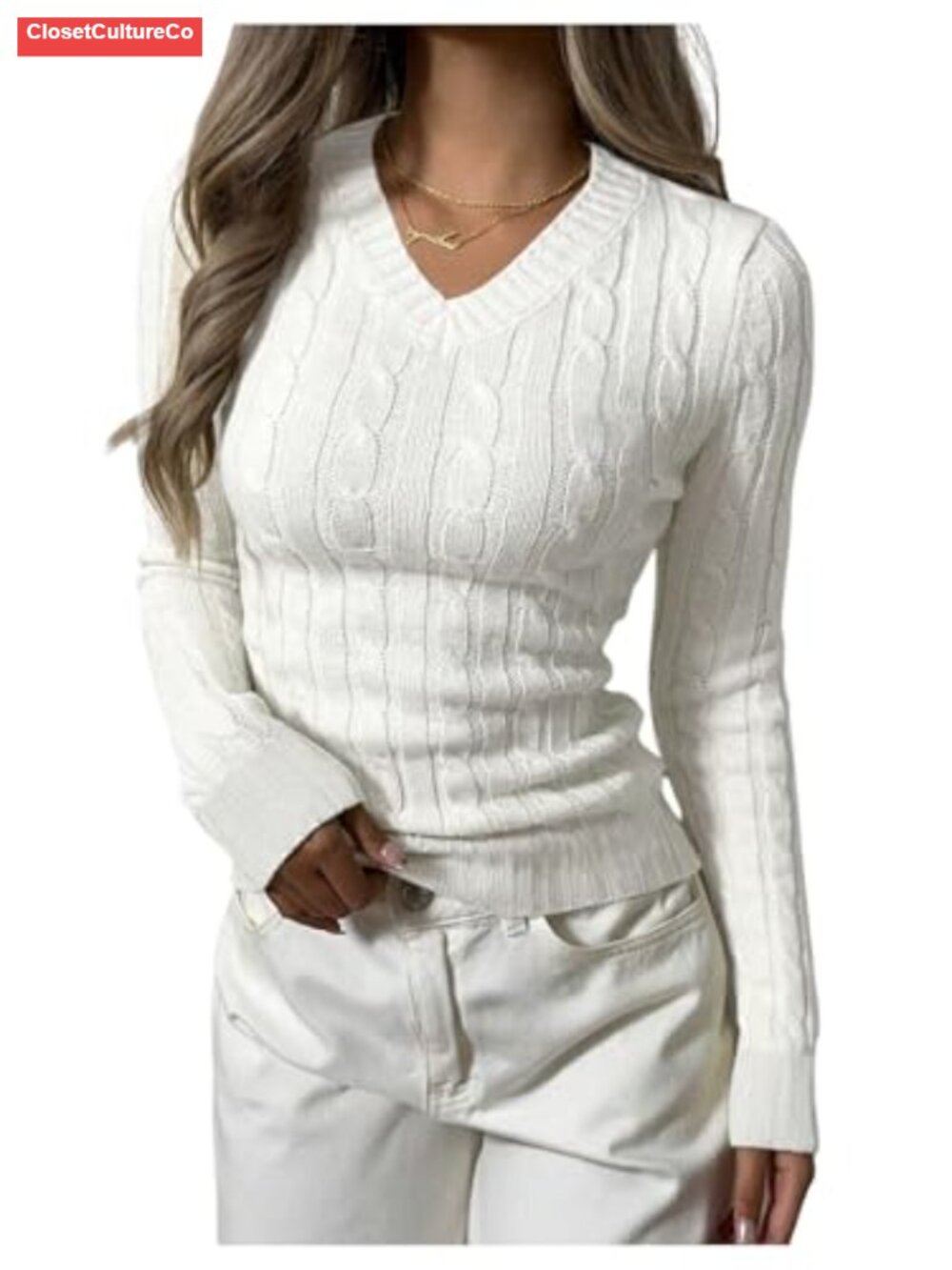 Cable Knit V Neck Long Sleeve Fitted Pullover Sweater